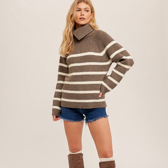 HEM & THREAD Brown White Striped Quarter Zip Sweater, Cozy Knit Pullover - Picture 5 of 6